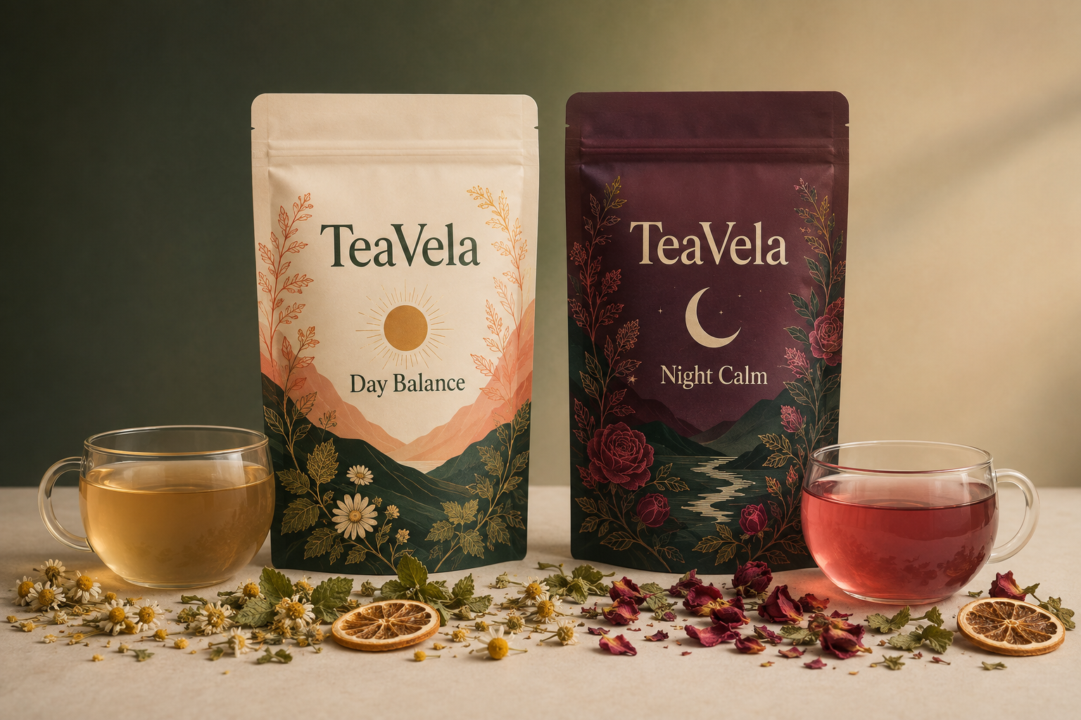 TeaVela Day Balance and Night Calm botanical tea pouches